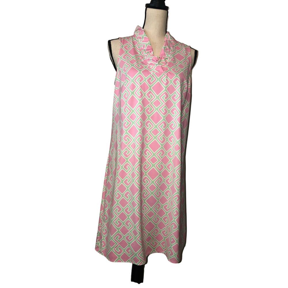 Wedding Guest Dress Size M Pink Green Sleeveless Ruffle Collar Preppy Summer